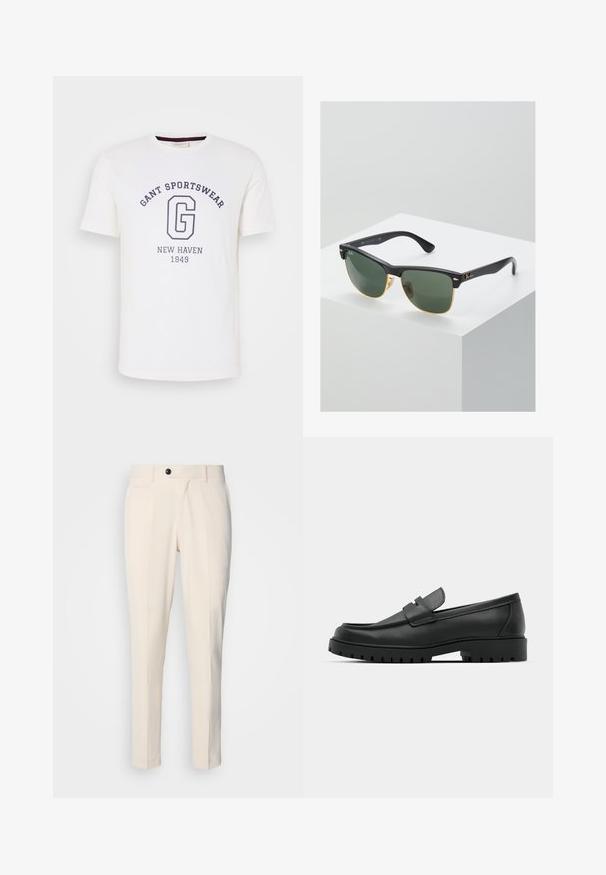 Valkoinen puuvillapaitapusero, jossa on pyöreä kaula-aukko, lyhyet hihat ja tummansiniset painatukset: "GANT SPORTSWEAR", "NEW HAVEN" ja "1949".; Vaaleat tailored-housut, joissa on tasainen etuosa, yksittäinen nappilukko ja kaksi vinonurkkaista sivutaskua. Liukas kangas, slim fit -malleilla ja kapenevilla lahkeilla.; Musta nahkaloafers, joissa on pyöreä kärki, ommeltu pinta, matala alusta ja kuvioitu, kuminen ulkopohja.; Ray-Ban aurinkolasit, joissa on vihreät linssit, mustat muovikehykset ja kultaiset yksityiskohdat reunoilla. Neliön muoto, jossa on mattapinta.