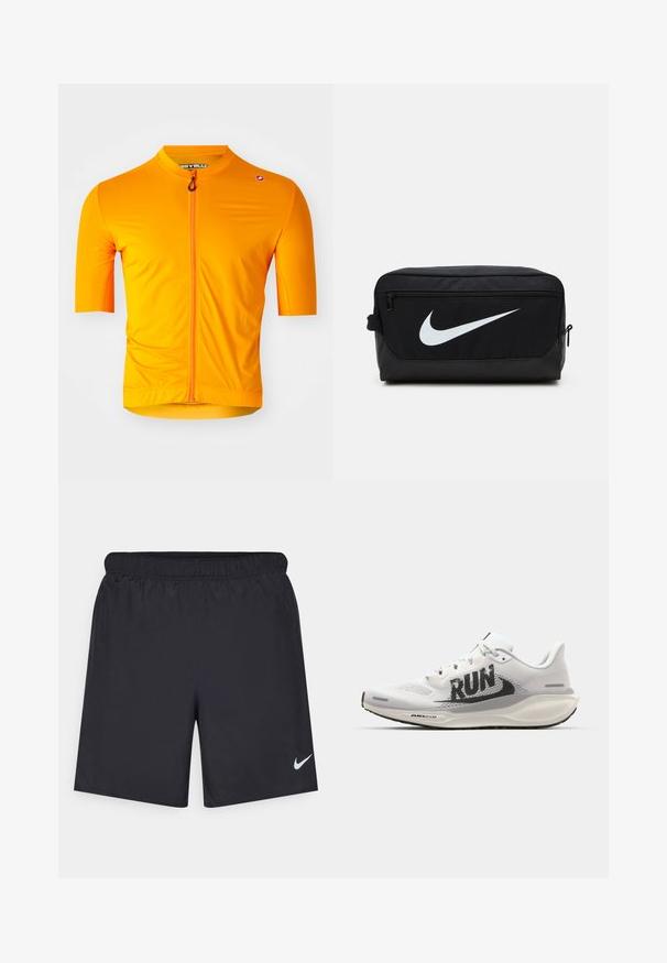 Dámský cyklistický dres s krátkým rukávem v jasně oranžové barvě, vyrobený z lehkého materiálu s plným předním zipem a přiléhavým střihem. Texturovaný povrch.; Černé sportovní šortky vyrobené z lehkého materiálu s elastickým pasem. Na spodní levé straně mají malé bílé logo Nike.; Bílé běžecké boty s pleteným svrškem, velkým černým grafickým nápisem "RUN", světlými šedými akcenty a polstrovanou podrážkou s označením "AIR 200M".; Černá toaletní taška Nike s hladkým povrchem, vybavená bílým logem swoosh, hlavním zipovým uzávěrem a boční kapsou.