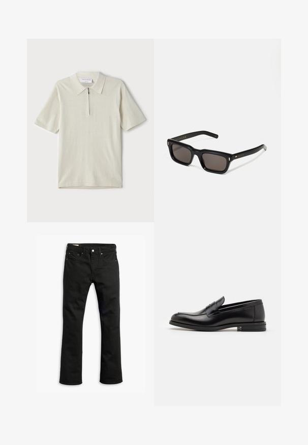 Vaate lyhythihaisista polo-paitojen vaaleassa beige-värissä, jossa on vetoketjukaulus. Valmistettu sileästä kankaasta, yksinkertainen ja moderni malli ilman kuvioita.; Mustat farkut suoralla lahkeella, viisi taskua, metallipainikekiinnitys ja huomaamattomat ompelu yksityiskohdat. Liukas pinta ja tasainen väri.; Mustat nahkakengät, joissa on sileä pinta, pyöreä kärki ja koristeellinen nauha jalkapöydän yli. Matala pinoitu koroke, minimalistinen muotoilu.; Mustat suorakulmaiset aurinkolasit tummilla linsseillä, paksu muovikehys, kultaiset korostukset temppeleissä ja brändin logo kaiverrettuna varteen.
