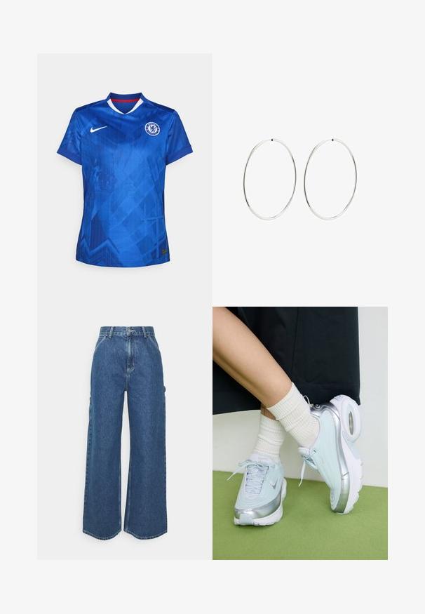 Plava Nike nogometna majica s geometrijskim uzorkom, V-izrezom s crvenim detaljima i Chelsea FC logotipom izvezenim na prsima.; Široke plave traperice s visokim strukom, kontrastnim šavovima i bočnim džepovima, s klasičnim dizajnom s pet džepova i sirovim rubovima.; Svijetloplave tenisice sa srebrnim detaljima, teksturirani gornji dio, ulošak za udobnost i vidljiva zračna jedinica. Uparene s bijelim rebrastim čarapama.; Srebrne naušnice od obruča s glatkim, okruglim dizajnom i poliranim završetkom. Tanak su i lagani, s jednostavnim zatvaranjem.