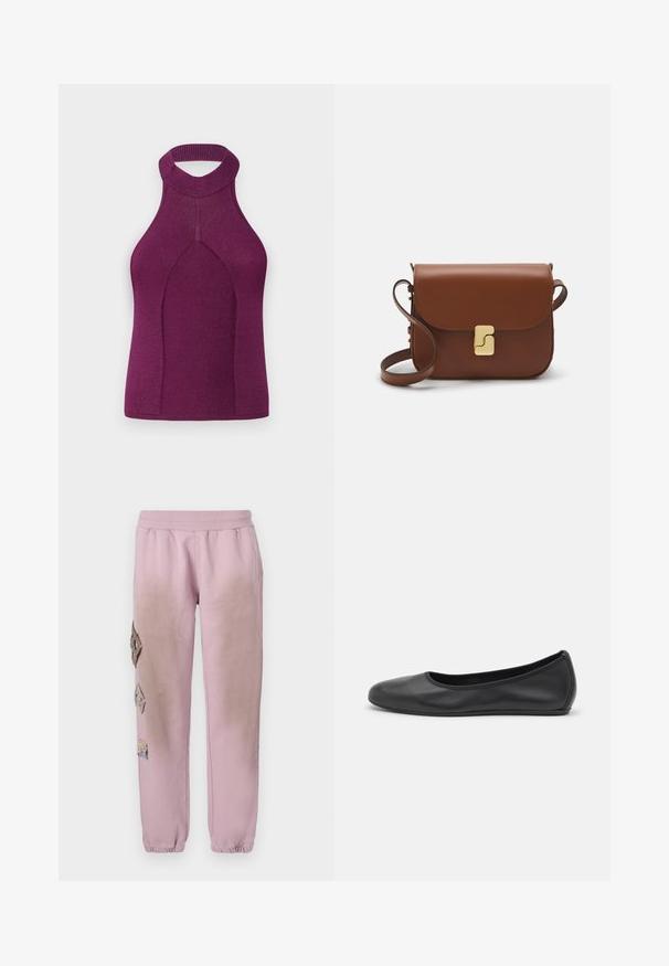 Top halter din tricot cu dungi în violet închis, cu gât înalt și spate decupat. Prezintă un design fără cusături cu o formă unghiulară și o siluetă ajustată.; Pantaloni de trening roz cu talie elastică, cu petice decorative în formă de diamant pe partea stângă și manșete elastice la glezne.; Balerini din piele neagră, cu vârf rotund, textură netedă, detalii de cusătură minimale și un design al tălpii flexibil.; Geantă de piele maro cu închidere tip capac, accesorii de culoare aurie, curea de umăr și o textură netedă. Formă compactă și rectangulară.