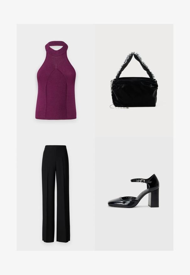 Hladký pletený halter top v tmavej purpurovej farbe s vysokým výstrihom a vykrojeným chrbtom. Obsahuje bezšvový dizajn so šikmým tvarom a priliehavou siluetou.; Čierne široké nohavice s hladkým povrchom, s vysokým pásom a stredovými skladmi. Žiadne viditeľné vzory ani hardvérové detaily.; Čierne lakované dámske topánky na vysokom opätku so štvorcovou špičkou, remienkom okolo členku a masívnym opätkom. Obsahuje perforované detaily pozdĺž lemu.; Čierna kabelka z umelého kože s textúrovaným povrchom, s perlovým strieborným akcentom pozdĺž vrchnej rukoväte a reťazovým popruhom.