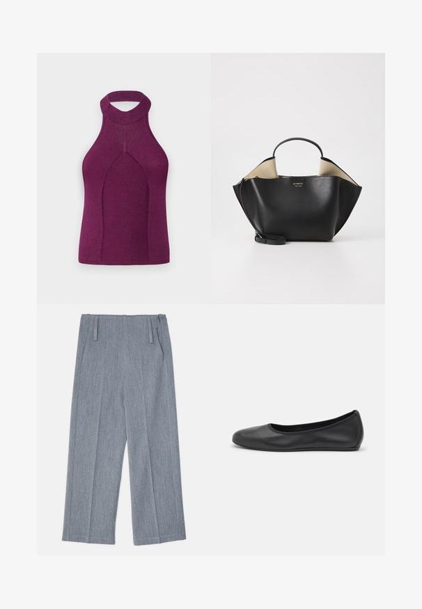 Top de punto acanalado sin mangas en morado profundo con un cuello alto y un espalda con corte. Presenta un diseño sin costuras con una forma angulada y una silueta ajustada.; Pantalones de pierna ancha en gris claro, hechos de una tela texturizada, que presentan dos pliegues frontales y dos bolsillos laterales. Diseño limpio y a medida.; Bailarina de piel negra con punta redondeada, textura suave, detalle de costura minimalista y diseño de suela flexible.; Ree Projects ANN TOTE MINI - Bolso de mano - black