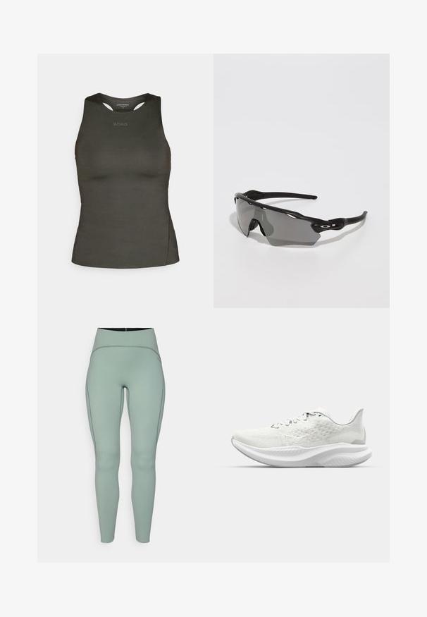 Sötétzöld sportos tanktop sima anyagból. Kerek nyakú, vállain kivágott részletekkel. Az elején "BORG" logó található.; Magasan szabott, mentazöld leggings sima, rugalmas anyagból, kontrasztos varrásokkal. Karcsú, testhezálló sziluettet kínál.; Fehér sportcipők, texturált felsőrésszel, fűzős kialakítással és hullám alakú párnázott talppal. Diszkrét márkázás az oldalon.; Fekete sport napszemüveg, letisztult dizájnnal, körbeölelő lencsével, szürke árnyalatú lencsékkel és texturált fekete szárakkal. Nincsenek látható logók.