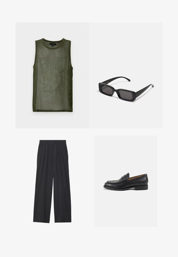 Olivenfarget mesh tank top med rund hals, uten ermer og teksturert stoff som har et rutenettmønster gjennom hele.; Vide benbukser laget av mørkegrått stoff. Har legg i midjen, en skreddersydd design, og en rett silhuett.; Sorte lær loafers med en glat overflade, rund tå og dekorativ syning på forfoden. Lav stablet hæl og let glans.; Svarte rektangulære solbriller med mørke linser, glanset overflate, brede stenger og en kraftig rammedesign. Graveret merkenavn på en stang.