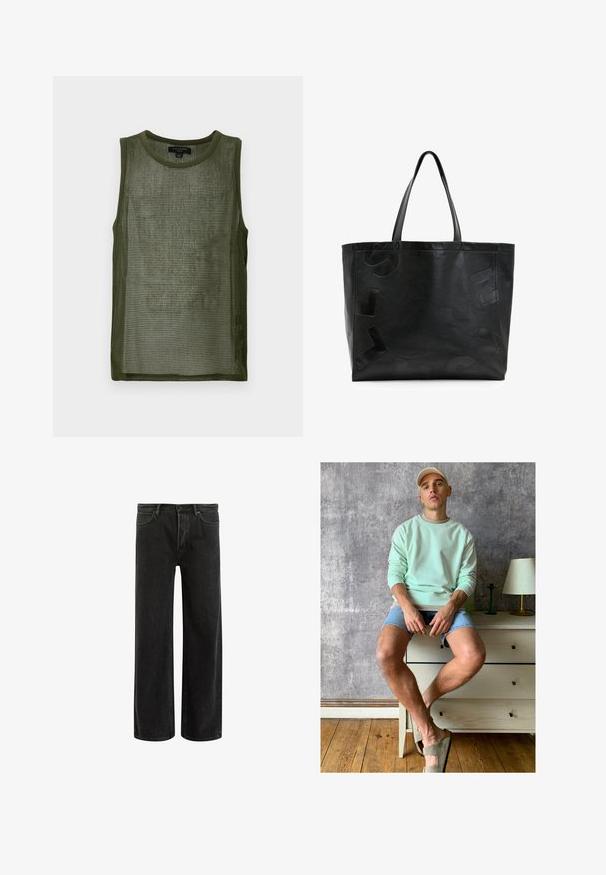 Olīvzaļš acs bezpiedurkņu topiņš ar apaļu kakla izgriezumu, kas izgatavots no strukturēta auduma ar režģa rakstu visā virsmā.; Melnas denima platleņķa džinsi ar augstu jostasvietu, izceļoties ar klasisko piecu kabatu dizainu un maigu izbalējumu, radot teksturētu izskatu.; Miķeļzaļš džemperis, džinsu šorti un olīvu zaļi slip-on apavi. Sēž uz gaišas krāsas kumodes pret teksturētu pelēku sienu.; Melnas ādas somas ar izspiestām burtiem uz virsmas, aprīkotas ar divām izturīgām rokturiem un plašu, strukturētu dizainu.