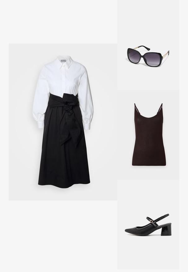 Zwarte tanktop met dunne banden, geribbelde textuur en een ronde halslijn. Het materiaal lijkt zacht en aansluitend te zijn, met minimale naden en geen patronen.; Witte blouse met lange pofmouwen, gecombineerd met een zwarte rok en een stoffen riem die op de taille is geknoopt, gemaakt van gladde katoen.; Zwarte gepolijste leren slingback hakken met een spitse neus, een ronde uitsnede en een blokhak. Voorzien van een gouden gespaccent.; Zwarte oversized zonnebril met gradient glazen, dikke montuur en gouden kettingdetails op de pootjes.; Zwarte handtas met gestructureerde vorm, gladde textuur en een metalen sluiting. Gecombineerd met brede zwarte broeken en sandalen met open teen op een houten vloer.