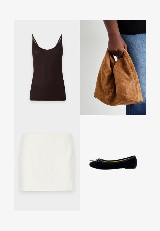 Zwarte tanktop met dunne banden, geribbelde textuur en een ronde halslijn. Het materiaal lijkt zacht en aansluitend te zijn, met minimale naden en geen patronen.; Witte linnen mini-jurk met een rechte snit, voorzien van zijzakken en een gladde textuur. Geen zichtbare patronen of accenten.; Zwarte fluwelen balletschoenen met een ronde neus, een klein strikje aan de voorkant en een contrasterende gele binnenvoering.; Bruine suède handtas met een zachte textuur, unieke driehoekige vorm en een gathered bovenkant, vastgehouden door een hand tegen denimstof.