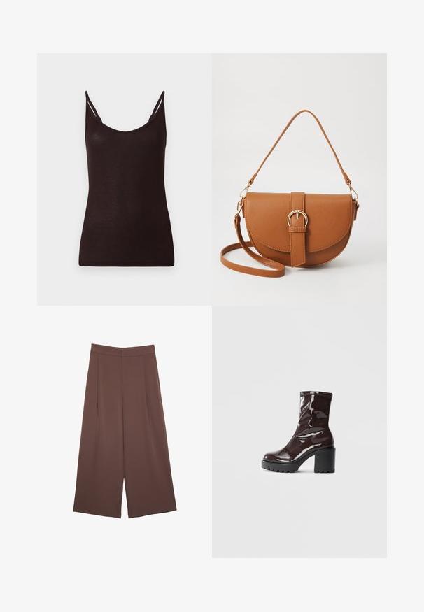 Sort tanktop med tynde stropper, ribbet overflade og scoop-udskæring. Materialet fremstår blødt og tætsiddende, med minimale sømme og uden mønstre.; Brune bredbunde bukser med en glat tekstur, der har høj talje og plisseringer foran. Stoffet er let og falder løst.; Glatte burgunder ankelstøvler med en chunky sort hæl, der har en glat tekstur og et simpelt design. Ingen synlige lukninger eller mønstre.; Brun læder crossbody taske med en buet form, guldfarvet hardware og en spændeaccent. Har en aftagelig skulderrem.