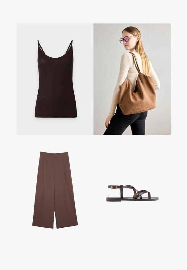 Čierny top bez rukávov s tenkými popruhmi, so zúženou textúrou a okrúhlym výstrihom. Materiál vyzerá mäkko a priliehavo, s minimálnymi švami a bez vzorov.; Hnedé nohavice so širokými nohavicami a hladkou textúrou, s vysokým pásom a prednými skladmi. Tkanina je ľahká a voľne sa pohybuje.; Hnedé kožené sandály s krížovými popruhmi, uzatváraním na pracku okolo členku a plochou podrážkou s minimálnymi ševmi.; Hnedá semišová taška na rameno s mäkkou textúrou, veľkým otvorom a dlhými popruhmi. Má jednoduchý dizajn s viditeľným šitím a bez kovových prvkov.