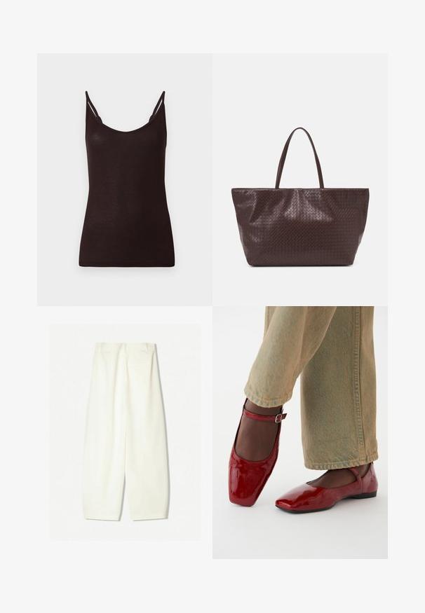 Black tank top with thin straps, ribbed texture, and a scoop neckline. Material appears soft and fitted, with minimal seams and no patterns.; Wide-leg trousers in a soft cream fabric, featuring a smooth texture, front pockets, and a relaxed fit with a mid-rise waistband.; Red patent leather shoes with a square toe, low heel, and ankle strap, paired with light green wide-leg jeans. Smooth texture, reflective surface.; Brown woven leather tote bag with two handles, a structured shape, and a textured surface, featuring a diamond pattern throughout.