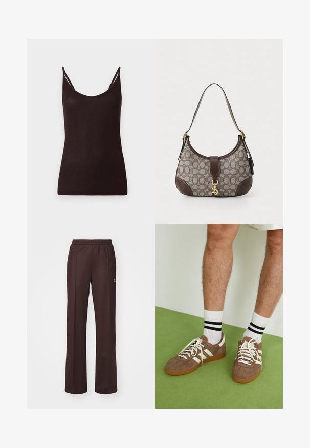 Sort tanktop med tynde stropper, ribbet overflade og scoop-udskæring. Materialet fremstår blødt og tætsiddende, med minimale sømme og uden mønstre.; Brune træningsbukser med elastisk talje, to sidelommer og et lille logo på venstre side, lavet af et blødt stof.; Brune ruskind sneakers med hvide detaljer og snørebånd. Gummisål i naturgummi. Båret med hvide sokker med sorte striber. Grøn struktureret gulv.; COACH HAMPTONS HOBO BAG IN SIGNATURE JACQUARD - Håndtasker - oak maple