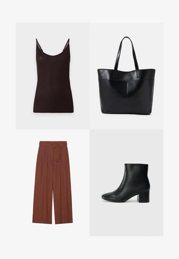 Sort tanktop med tynde stropper, ribbet overflade og scoop-udskæring. Materialet fremstår blødt og tætsiddende, med minimale sømme og uden mønstre.; Løse bukser i brunt stof, med et bælte med firkantet spænde, plisseret design og glat overflade.; Sorte læder ankelstøvler med spids tå og en kraftig hæl. Glat tekstur med minimale detaljer og et slankt, tætsiddende design.; Sort læder tote taske med to lange håndtag, en glat tekstur og en struktureret form. Har en forlommem for ekstra opbevaring.