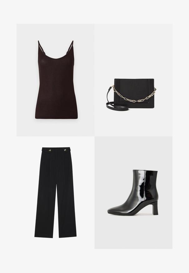 Sort tanktop med tynde stropper, ribbet overflade og scoop-udskæring. Materialet fremstår blødt og tætsiddende, med minimale sømme og uden mønstre.; Sorte vide bukser med høj talje, knapdetaljer på taljebåndet og frontfald.; Sort lakeret ankelstøvle med spids tå og en midt-højde blokhæl. Glat tekstur og minimalistisk design.; Sort læder crossbody taske med en glat tekstur, rektangulær form og en metallisk kæde detalje foran. Justerbar skulderrem inkluderet.