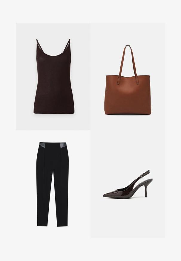 Black tank top with thin straps, ribbed texture, and a scoop neckline. Material appears soft and fitted, with minimal seams and no patterns.; Black tailored pants featuring a sleek design, pleats at the front, and glossy black leather accents at the waist. Smooth fabric texture.; Slingback high-heeled shoe in glossy dark brown patent leather, pointed toe, open sides, and adjustable ankle strap.; Brown leather tote bag with a smooth texture, open top design, and two shoulder straps. Features minimal stitching and no visible hardware.