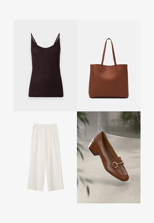 Černé tílko s tenkými ramínky, žebrovanou texturou a zakulaceným výstřihem. Materiál vypadá měkce a přiléhavě, s minimem švů a bez vzorů.; Kalhoty širokého střihu v off-white látce s hladkým povrchem. Mají zavázaný pas a na přední straně jsou plisé, navrženy pro pohodlné nošení.; Hnědé lakované kožené mokasíny se čtveratou špičkou, kovovým řetízkovým akcentem a nízkým blokovým podpatkem; hladká textura, minimalistický design.; Hnědá kožená taška přes rameno s hladkou texturou, otevřeným designem a dvěma ramenními popruhy. Obsahuje minimální švy a žádné viditelné kovové prvky.