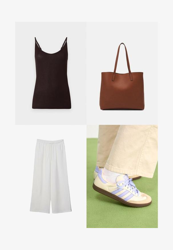 Top nero senza maniche con spalline sottili, texture a coste e scollatura rotonda. Il materiale sembra morbido e aderente, con cuciture minime e senza motivi.; Pantaloni bianchi a gamba larga realizzati in tessuto leggero, dotati di una vita elastica e di un cordino per una vestibilità regolabile. Texture liscia.; Sneakers crema e lavanda con tre strisce e suola marrone texturizzata, dotati di lacci e tallone imbottito. Parte superiore in tessuto morbido.; Borsa tote in pelle marrone con texture liscia, design con apertura superiore e due spallacci. Presenta cuciture minime e nessun hardware visibile.