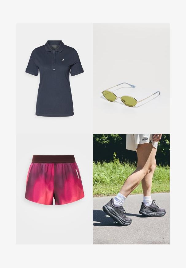 Sötétkék póló, pamutból készült, klasszikus gallérral, háromgombos gombolással és egy kis fehér logóval a bal mellen.; Rózsaszín és lila színátmenetes sportnadrág, elasztikus derékkal, sima textúrával és oldalt elhelyezett címkével. A nadrág laza szabású.; Fekete sportcipők texturált anyagból, vastag párnázott talppal és fűzőkkel, fehér zoknikkal és világos bézs ruhával párosítva.; Olívazöld napszemüveg vékony arany kerettel és kék díszítésű szárakkal. Ovális lencsék és minimalista dizájn.