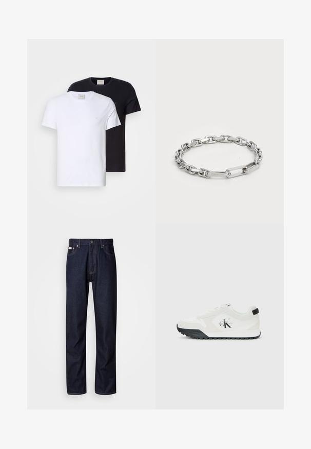 Kaksi crew-neck t-paitaa, yksi valkoinen ja yksi musta, pehmeää puuvillaa. Molemmissa on yksinkertainen malli ja pieni logo rintakehässä.; Tummansinisiä farkkuja suora lahje -muotilla, joissa on nappisuljenta, viisi taskua ja erottuvat ompelutiedot.; Calvin Klein valkoiset tennarit mustalla pohjalla, mokkanahkaa ja verkkomateriaalia, CK-logo sivulla sekä Calvin Klein -brändäys kantapäällä ja pohjassa.; Hopeaketju, joka koostuu ovaaleista ja suorakulmaisista lenkeistä, joissa on sileä pinta. Kaiverrettu Calvin Klein -logo tasaisessa lenkissä.