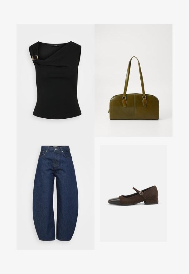 Black sleeveless top with a draped design and gold-tone buckle detail at the shoulder. Made from soft, smooth fabric with a fitted silhouette.; High-waist dark blue denim jeans with wide legs, front button and zipper closure, and classic five-pocket design.; Brown suede Mary Jane shoe with a black patent leather toe cap, adjustable strap, and a low block heel. Smooth texture with minimal accents.; Olive green leather handbag with a rounded shape, dual handles, and seamless front. Features a smooth texture and subtle stitching details.; Silver hoop earring with a polished finish, featuring small gold accent details and a round shape, worn on the lobe.