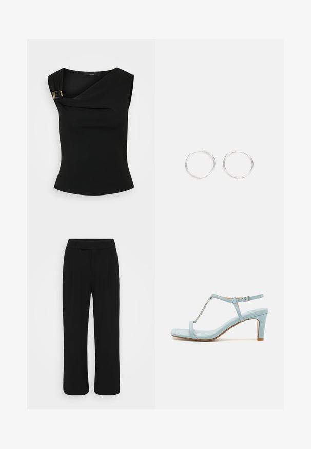 Čierny top bez rukávov s drapériou a detailom zlatého pracka na pleci. Vyrobený z jemnej, hladkej tkaniny s priliehavým strihom.; Čierne nohavice s voľným strihom vyrobené z hladkej tkaniny, s plochým predným dielom, pútkami na opasok a bez viditeľných vreciek. Čistý, prispôsobený dizajn.; Svetlomodré sandále na vysokom podpätku so členkovým remienkom a štvorcovým špičkovým dizajnom, s kovovým akcentom a elegantnou, hladkou koženou textúrou.; Strieborné kruhové náušnice s elegantným, okrúhlym dizajnom, s hladkým povrchom a bez viditeľných ozdôb. Priemer nie je špecifikovaný.
