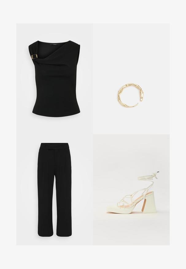 Crna bezrukavna majica s drapiranim dizajnom i detaljem kopče u zlatnoj boji na ramenu. Izrađena od mekanog, glatkog materijala s prilagođenim siluetom.; Crne široke hlače od glatkog materijala, s ravnim prednjim dijelom, petljama za remen i bez vidljivih džepova. Čist, krojen dizajn.; Bijela sandala na visokoj potpetici s debelim petom, s remenom i vezanjem oko gležnja. Glatka tekstura s platformom sprijeda za dodatnu visinu.; Prsten u zlatnoj nijansi s organskim, uvijenim dizajnom, glatkom teksturom i suženim krajevima, koji stvara moderan, skulpturalni izgled.