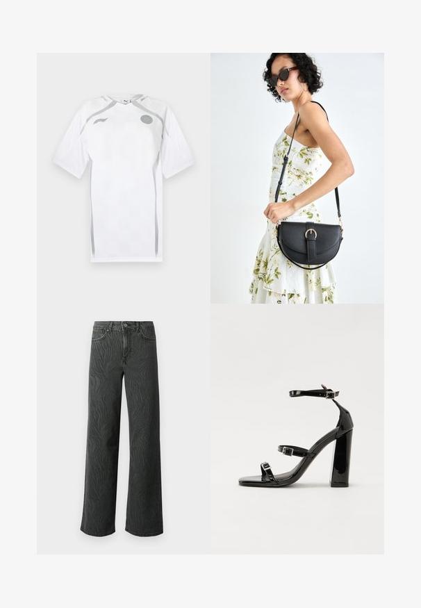 Hvit kortermet fotballdrakt med teksturert mønster, grå detaljer og rund hals. Har logo på brystet og mesh-paneler.; Vide ben jeans i mørkegrå denim, med en subtil zebra-mønster tekstur, kontrast søm, og fem lommer med knappestol. ; Svart høyglans sandaler med hæl, firkantet tå, ankelremmer og sølvspenner. Har en kraftig blokkhæl for stabilitet.; Svart lærveske med en buet form, avtagbar stropp og gullbeslag. Vesken har et klaff med spenne-detall.