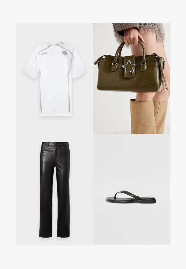 Balts īsām piedurknēm futbola krekls ar strukturētu ornamentu, pelēkiem akcentiem un apaļu kakla izgriezumu. Tam ir logo uz krūšu daļas un sietveida paneļi.; Melni ādas bikses ar taisnu griezumu, ar pogu aizdari un priekšējiem kabatām. Gluda tekstūra ar smalkiem šuvju rakstiem.; Melni flip-flopi, kas izgatavoti no gludas ādas, ar plānu siksniņu dizainu un plakanu zoli ar minimālu profilu. Nav ievērojamu rakstu vai akcentu.; Olive zaļš mākslīgās ādas rokassomu ar sudraba zvaigznes akcentu, divām rokturiem un rāvējslēdzēja aizdari. Strukturēta forma un teksturēta virsma.