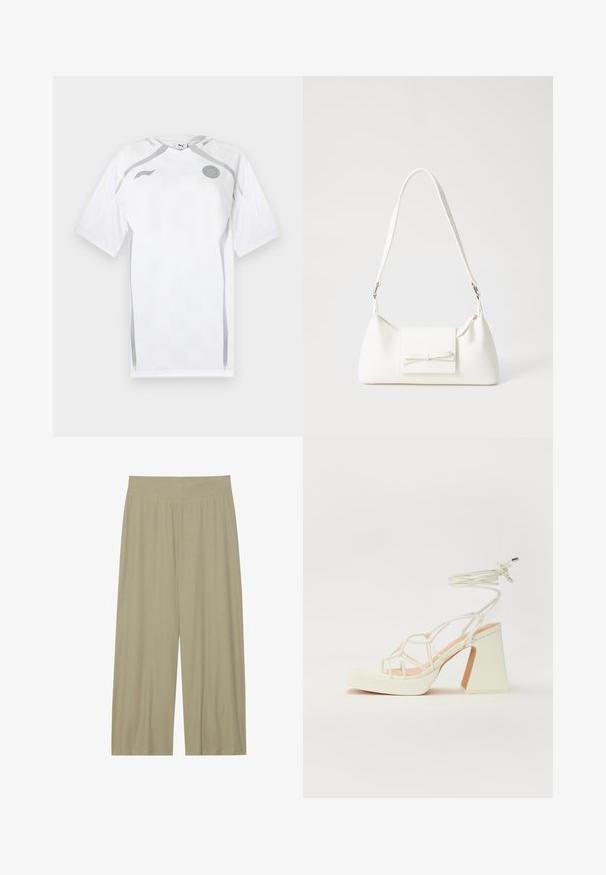 White short-sleeve football shirt with a textured pattern, grey accents, and round neckline. Features logo on the chest and mesh panels.; Light olive green, wide-leg pants made of textured fabric with vertical pleats and an elastic waistband for comfort.; White high-heeled sandal with a chunky heel, featuring a strappy design and ankle tie. Smooth texture with a platform front for added height.; White synthetic handbag with a triangular shape, flat front flap and bow detail, adjustable strap, smooth texture, and minimalistic design.