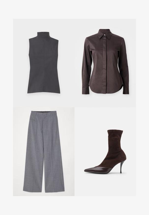 Bezramenný top v tmavě šedé barvě, s vysokým límcem, čistými liniemi a hladkou texturou. Jednoduchý design bez vzorů nebo ozdob.; Tmavě hnědá košile s dlouhým rukávem, zapínáním na knoflíky a špičatým límečkem, na bílém pozadí.; MM6 Maison Margiela PANTS - Kalhoty - grey melange; Hnědé semišové kotníkové boty s špičatou špičkou a lesklým vínovým lakovaným špičkou, vybavené štíhlým jehlovým podpatkem a texturovaným svrškem.