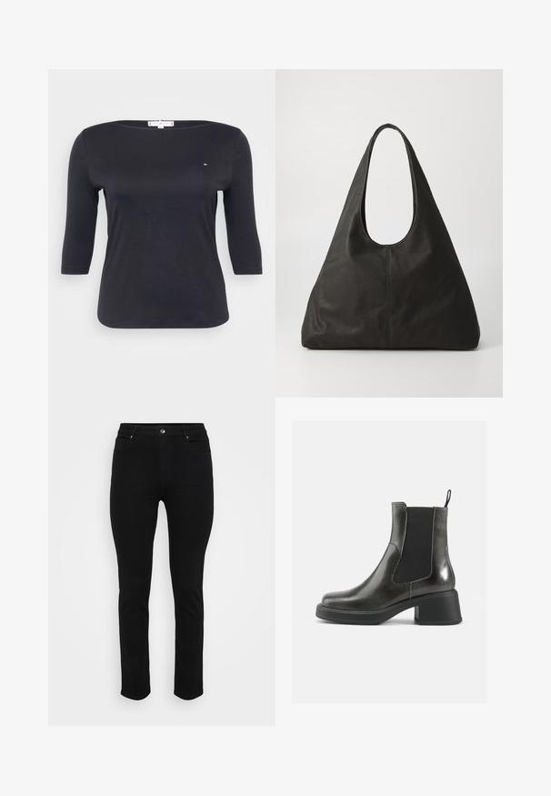 Must have kolmeveerandi varrukatega must siledast puuvillakangast top. Omab paadi kaelust ja väikest logo detaili rinnal.; Mustad denim teksad, millel on kitsas lõige, viie tasku disain, esine nööbiga kinnitamine ning kerge elastaan venitamiseks mugavuse tagamiseks. Lame, sile pind ja minimaalne detailide arv.; Mustad musta nahast pahkluu saapad siledast viimistlusest, elastsete külgpanelidega ja jämeda kontsaga. Omavad tõmbenööri, et neid oleks lihtsam jalga panna.; Must mustkott mustriga käsnaga, pikliku kolmnurkse kuju ja sileda tekstuuriga. Omab minimalistlikku disaini ilma nähtavate seadmeteta.; Hõbedased metallkõrvarõngad lainelise, skulpturaalse disainiga, millel on poleeritud viimistlus ja ebaregulaarsed kujundid, rõhutades kaasaegset esteetikat.