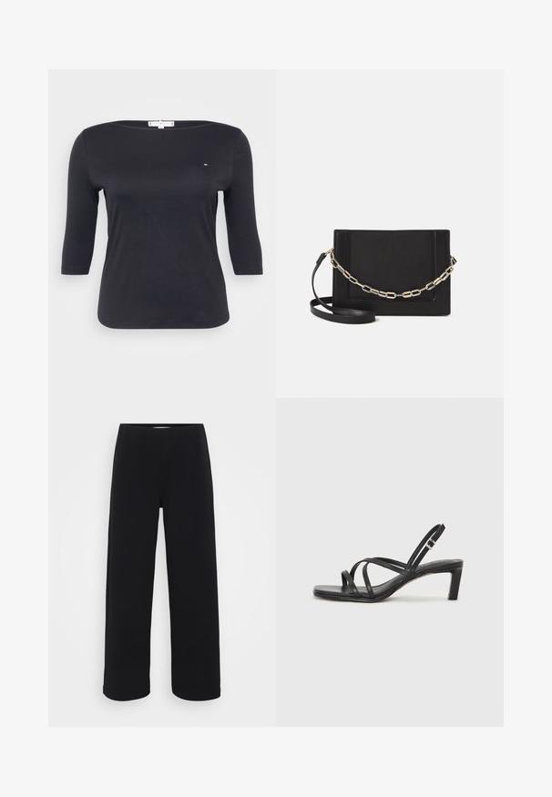 Must have kolmeveerandi varrukatega must siledast puuvillakangast top. Omab paadi kaelust ja väikest logo detaili rinnal.; Mustad laiad püksid elastse vöökohtaga. Valmistatud tekstuurilisest materjalist, millel on lõtv istuvus ja sirge lõige puusadest heleni.; Mustast rihmajalatsid ruudukujulise varba ja madala ploki kontsaga. Omab mitmeid õhukesi rihmasid ja reguleeritavat pahkluu rihma. Valmistatud siledast nahast.; Mustast nahast õlakott, mis omab siledat tekstuuri, ristküliku kuju ning esiküljel metallketi detaili. Reguleeritav rihm on kaasas.