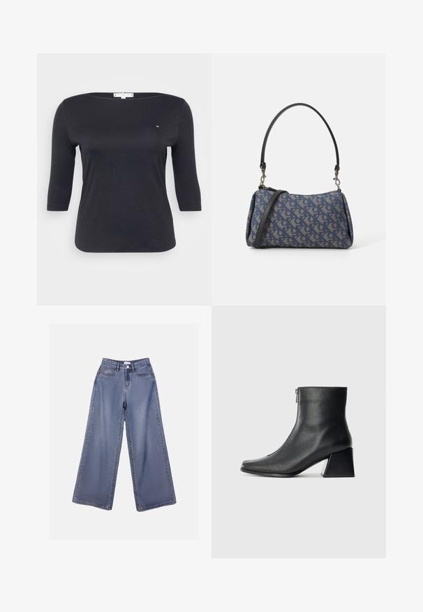 Top preto de manga três quartos feito de um tecido de algodão suave. Apresenta um decote barco e um pequeno detalhe de logótipo no peito.; Calças de ganga de perna larga numa lavagem azul clara, com uma cintura alta, bolsos frontais e fecho de botão com passadores para cinto.; Bota de tornozelo em couro preto com bico quadrado, fecho lateral e salto bloco contra um fundo claro plano.; Bolsa de padrão azul feita de tecido, com um formato curvo, alça de couro preto e design de logotipo em uma tonalidade mais clara.