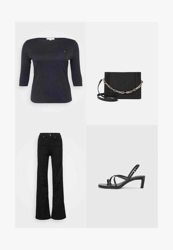 Zwarte driekwart mouwtop van gladde katoenstof. Kenmerkt zich door een bateau-halslijn en een klein logo detail op de borst.; Zwarte wijde jeans gemaakt van denim, met een hoge taille, vijf zakken en een metalen knoopsluiting. Gladde textuur met minimale detailing.; Zwarte sandaal met bandjes, vierkante teen en een lage blokhak. Voorzien van meerdere dunne bandjes en een verstelbare enkelband. Gemaakt van zacht leer.; Zwarte leren schoudertas met een gladde textuur, rechthoekige vorm en een metallic kettingdetail aan de voorkant. Verstelbare schouderband inbegrepen.