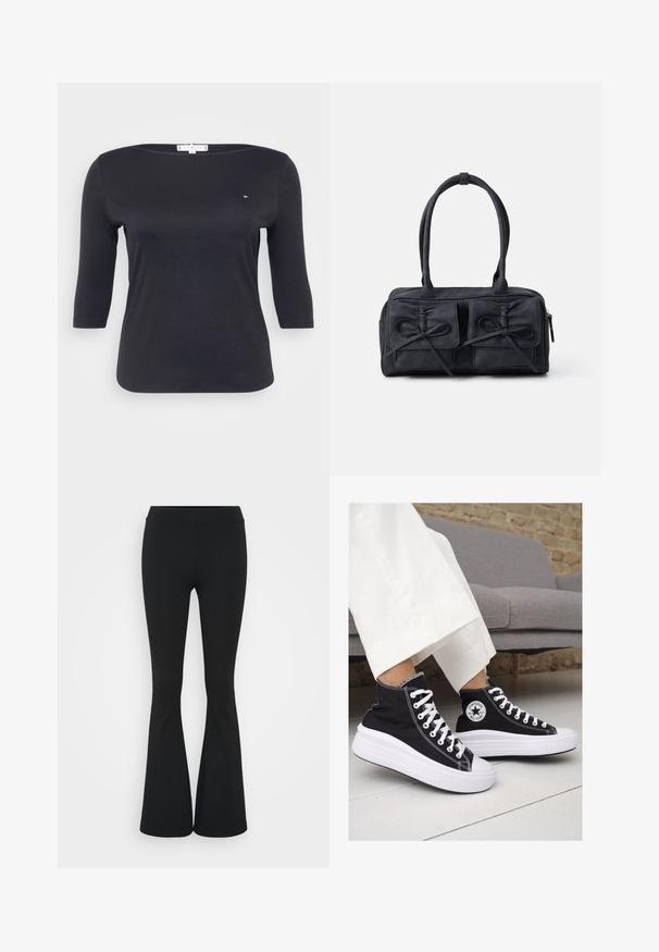 Schwarzes Dreiviertelarm-Oberteil aus glattem Baumwollstoff. Verfügt über einen Bootsausschnitt und ein kleines Logodetail auf der Brust.; Schwarze, ausgestellte Hosen aus dehnbarem Material mit hohem Bund und glatter Textur. Die Hose weitet sich ab dem Knie.; Schwarze Canvas-Hochtop-Sneakers mit weißen Gummisohlen und Schnürsenkeln. Mit einem runden Logo an der Seite und kontrastierendem weißen Nähten.; Schwarze Stoffhandtasche mit zwei vorderen Taschen, die mit Schleifendetails versehen sind, doppelten Griffen und einem Reißverschluss. Weiche Textur und rechteckige Form.