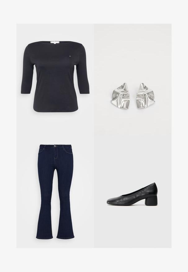 Top nero a tre quarti in cotone morbido. Caratterizzato da un collo a barca e un piccolo dettaglio del logo sul petto.; Jeans in denim blu scuro a vita alta, con una vestibilità attillata sulla coscia e una leggera svasatura in fondo, dotati di tasche anteriori e chiusura con bottone.; Pantofole nere in pelle con punta arrotondata e tacco medio a blocco. Texture liscia con dettagli minimi, caratterizzata da un'apertura elastica sottile.; Orecchini in metallo argento con un design ondulato e scultoreo, caratterizzati da una finitura lucida e forme irregolari, che evidenziano un'estetica contemporanea.