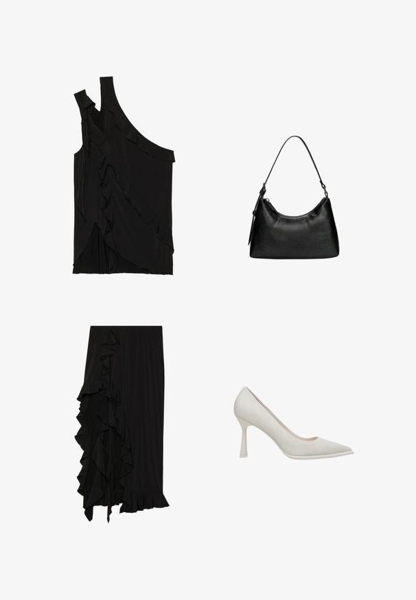 Asymmetrisches schwarzes Oberteil aus weichem Stoff mit Rüschen an der Seite und einem einzigen Träger. Glatte Textur mit drapierten Designelementen.; Schwarzer Rock aus weichem Stoff mit einer Rüsche entlang der linken Seite und einem ausgestellten Saum am unteren Ende, der eine fließende Silhouette erzeugt.; Beige High Heels mit spitzem Zeh, aus Stoff mit Struktur und schmalem Stiletto-Absatz. Glatter Schuhboden mit dezentem Glanz.; Schwarze Handtasche aus synthetischem Leder mit geschwungener Form, kurzen Tragegriff, Reißverschlussverschluss und einem dezenten strukturierten Muster auf der Oberfläche.