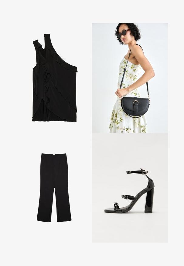 Asymmetrisk sort top i blødt stof med flæser langs siden og en enkelt strop. Glat tekstur med draperede designelementer.; Sorte bukser med lige pasform, der har frontlommer og slidser i kanten. Lavet af blødt, glat stof. Velegnet til forskellige anledninger.; Sorte patenterede hælsandaler med firkantet tå, ankelremme og sølvspænder. Har en chunky blokHæl for stabilitet.; Sort læderhåndtaske med en buet form, aftagelig rem og guldfinish. Tasken har en klap med en spænde detalje.