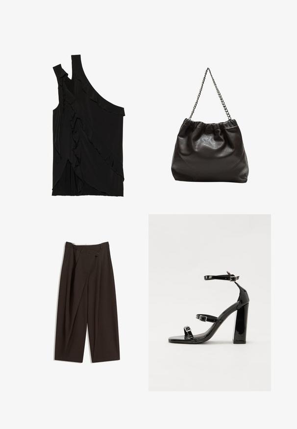Top asimmetrico nero in morbido tessuto con rouches lungo il lato e una spallina. Texture liscia con elementi di design drappeggiati.; Pantaloni a gamba larga marrone scuro con vita alta, dotati di una chiusura con bottone singolo e una parte anteriore plissettata. Realizzati in tessuto leggero.; Sandali con tacco in vernice nera, con punta squadrata, cinturini alla caviglia e fibbie in argento. Presentano un tacco a blocco spesso per maggiore stabilità.; Borsa in pelle marrone con parte superiore arricciata e tracolla a catena. Texture liscia con finitura lucida e dettagli di cucitura sottili sui lati.