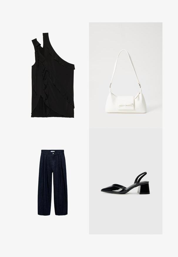 Asymmetrical black top in soft fabric featuring ruffles along the side and a single strap. Smooth texture with draped design elements.; Dark denim wide-leg trousers with pleats at the waist, featuring a front button and belt loops. Smooth texture and full-length design.; Black patent leather slingback heels with a pointed toe and a geometric block heel. Features a sleek, minimal design and smooth texture.; White synthetic handbag with a triangular shape, flat front flap and bow detail, adjustable strap, smooth texture, and minimalistic design.