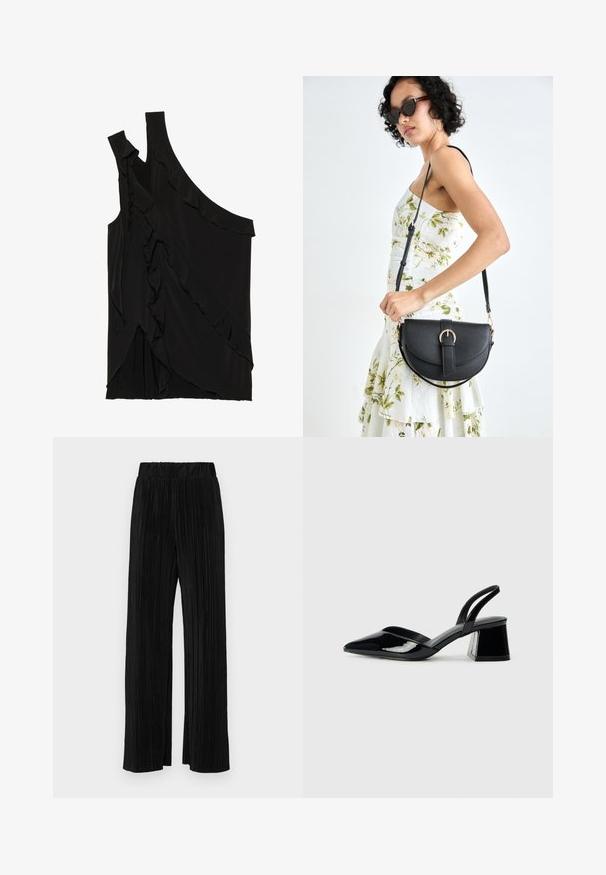 Asimetriška juoda palaidinė iš minkštos medžiagos, pasižyminti volanais šone ir viena petneša. Lygi tekstūra su švelniais drapiruotais elementais.; Juodi plisuoti kelnės su elastine juosta. Turėkite plačias kojas ir glotnų, tekstūrinį audinį su vertikaliais dryžiais.; Juodos lakuotos odinės šlepetės su smailiu pirštu ir geometriniu bloko kulnu. Turi elegantišką, minimalistinį dizainą ir lygų paviršių.; Juodas odinis krepšys su išlenkta forma, nuimamu dirželiu ir auksiniais detalėmis. Krepšys turi kilpą su sagtimi.