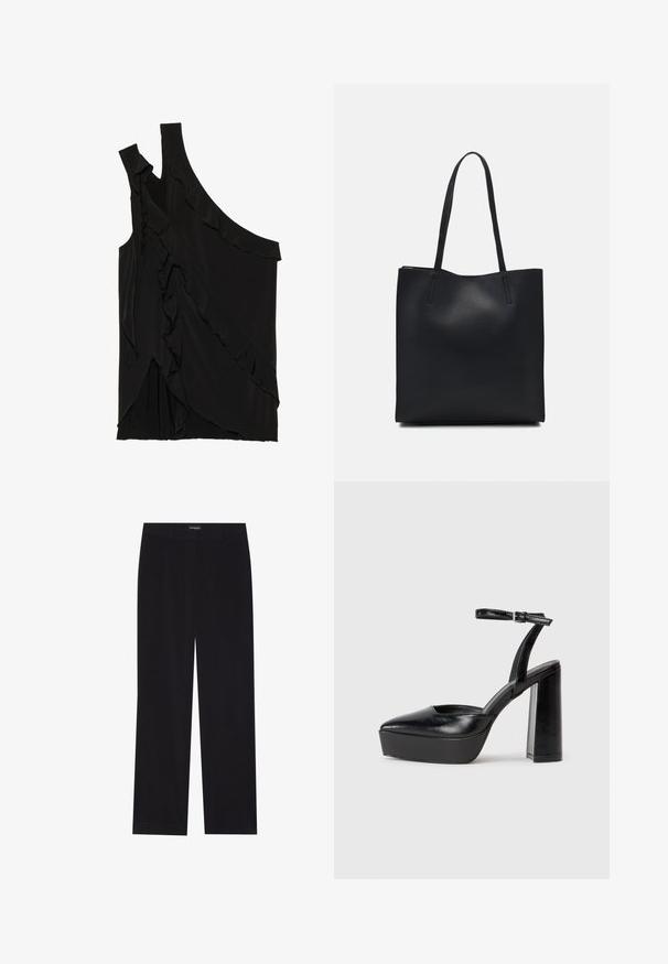 Asymmetrisk svart topp i myk stoff med volanger langs siden og en enkelt stropp. Glatt tekstur med draperte designelementer.; Mustat corduroy-housut suoralinjaisella leikkauksella, jotka sisältävät litteän vyötärön ja ei näkyviä taskuja, sileä rakenne ja pystyribbaus. ; Mustat korkeat platform-kengät, joissa on terävä kärki ja säädettävä nilkkaremmi. Valmistettu sileästä nahasta ja varustettu paksulla lohkokorkeudella.; Mustapahkainen kangaskassi, jossa on sileä pinta, suorakaiteen muotoinen ja kaksi pitkää kahvaa. Ei näkyvää metalliosaa tai koristeita.