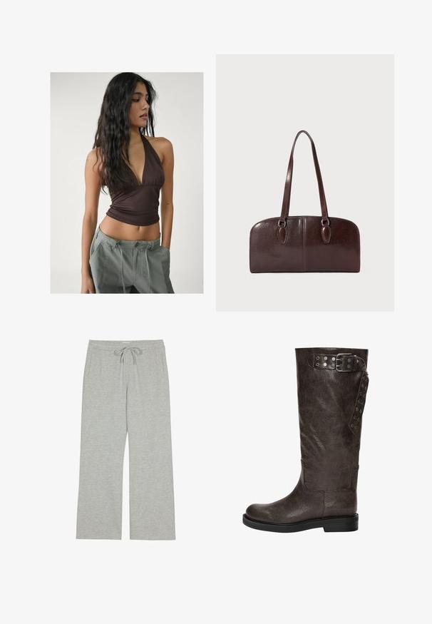 Top halter marrone con scollatura a V profonda e tessuto arricciato sul busto, abbinato a pantaloni cargo larghi grigio chiaro con lacci regolabili in vita.; Blusa color crema con scollo a V, maniche lunghe a palloncino e rouches a strati all'orlo, con un dettaglio a cravatta sul retro centrale.; Pantaloni tuta grigi chiari realizzati in un morbido tessuto testurizzato, con cintura regolabile e tasche laterali; vestibilità ampia e rilassata.; Stivale in pelle marrone fino al ginocchio con una finitura texturizzata, dotato di una fibbia e di dettagli a scatto laterali, e una suola di gomma piatta.; Borsa in pelle marrone con due manici lunghi, forma rettangolare strutturata, superficie liscia e angoli arrotondati. Presenta dettagli di accentuazione sui manici.