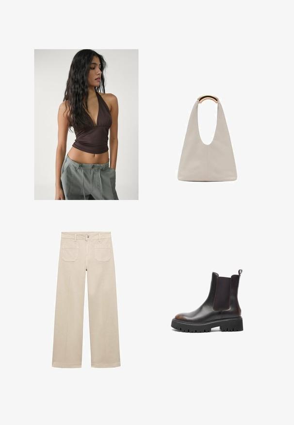 Braunes Neckholder-Top mit tiefem V-Ausschnitt und gerafftem Stoff an der Brust, kombiniert mit lockeren, hellgrauen Cargo-Hosen mit verstellbaren Taillenbändern.; Beige weite Hose aus Baumwolle. Mit Reißverschluss, einer vorderen Knopf- und zwei aufgenähten Taschen auf der Rückseite. Sauberer Saum ohne Verzierungen.; Braune Leder-Ankle-Boots mit elastischen Seitenpaneelen, robuster schwarzer Gummisohle, abgerundeter Zehenform, kontrastierenden Nähten und Zuglasche auf der Rückseite.; Hellgraue Lederhandtasche mit einem U-förmigen Design und einem geschwungenen, metallischen Griff. Glatte Textur mit minimalen Nähten und ohne sichtbare Muster.