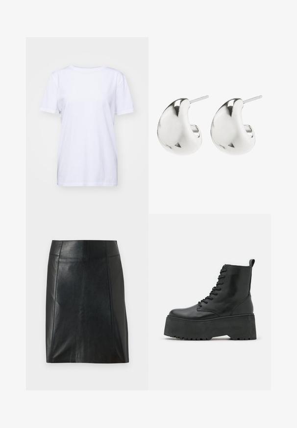 Witte katoenen t-shirt met een ronde hals, korte mouwen en een ontspannen pasvorm. Glad oppervlak en geen zichtbare patronen of versieringen.; Zwarte leren rok met een getailleerd ontwerp. Gladde textuur, naden die de vorm accentueren en een rechte zoom. Minimalistische en elegante uitstraling.; Zwarte enkelboots met een stevige plateauzool, gemaakt van glad leer, met een vetersluiting en een lipje aan de achterkant.; Zilveren oorbellen met een soepel, gebogen ontwerp. Ze hebben een gepolijste afwerking en een stekkerbevestiging voor veilige draag.