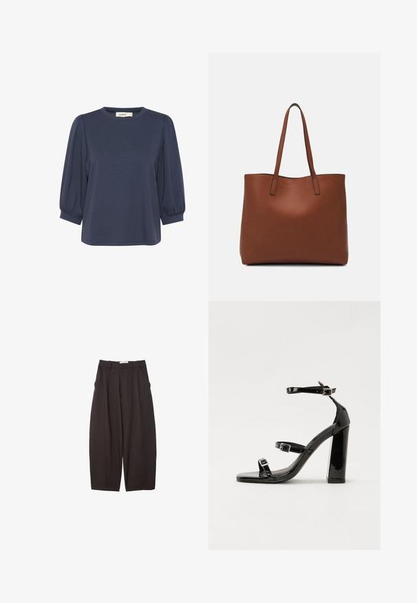 Mornarsko modra majica s kratkimi rokavi in okroglim izrezom, z nabranimi rokavi in sproščenim krojem. Mehka tkanina z gladko teksturo.; Črne široke hlače iz gladkega materiala, z visokim pasom, zgornjimi pregibi in stranskimi žepi. Preprost dizajn brez okrasnih elementov.; Črne lakaste sandale z visokimi petami, z dvema trakovoma z zaponkama, kvadratnim sprednjim delom in masivno širšo peto, z gladko, sijočo teksturo.; Rjava usnjena torba z gladko teksturo, odprto zasnovo zgoraj in dvema naramnima trakovoma. Opremljena je z minimalnim šivanjem in brez vidnih kovinskih delov.