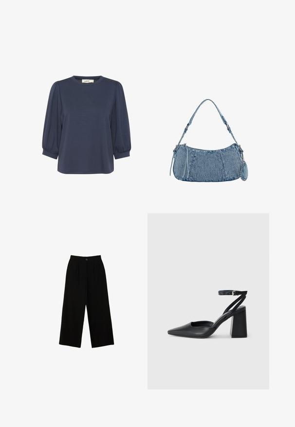 Námornícky modrá blúzka s krátkym rukávom a okrúhlym výstrihom, s vypchnutými rukávmi a voľným strihom. Mäkký materiál s hladkou textúrou.; Čierne široké nohavice vyrobené z hladkého materiálu, s vysokým pásom, prednými záhybmi a jedným horným gombíkom na zapínanie.; Čierne kožené lodičky s špicatou špičkou a členkovým remienkom, s masívnym podpätkom. Hladký povrch, elegantný dizajn a minimalistická estetika.; Džínová kabelka s zakriveným tvarom, svetlomodrej farby, so nastaviteľným popruhom na rameno a malým odnímateľným vreckom s kovovými detailmi.