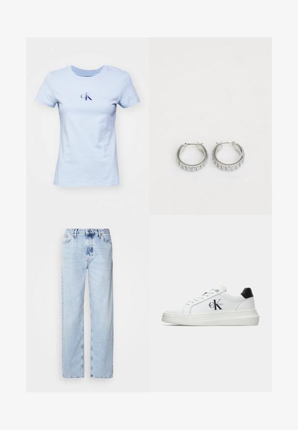 Šviesiai mėlynas medvilninis marškinėliai trumpomis rankovėmis; turi centrinius tamsiai mėlynos ir šviesiai violetinės spalvos logotipą. Klasikinio apvalaus kaklo dizainas.; Šviesiai mėlynos plačios kelnės, pagamintos iš džinsinio audinio, su aukšta juosmens linija, išblukusiu plovimu ir subtiliu tinių dažymu priekyje.; Balti žemakulniai bateliai su juodu kulno dangteliu, platformos padu, raišteliais ir Calvin Klein "CK" logotipu šone.; Sidabrinės auskarų žiedai su tekstūruotu dizainu, turinčiu vertikalias briaunas. Apskritimo forma su saugiu užraktu. Lygi apdaila.
