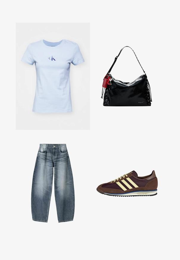 Light blue cotton t-shirt with short sleeves; features a central logo in darker blue and light purple. Classic crew neck design.; Wide-leg jeans made of light blue denim with fading, featuring a five-pocket design, button fly, and minimal stitching details.; Brown and burgundy sneaker with suede and mesh materials, featuring three cream stripes, textured fabric on the tongue, and a rubber sole.; Black leather handbag with a slouchy design, lace-up detailing on the sides, and a red accent tag. Features a long adjustable strap.