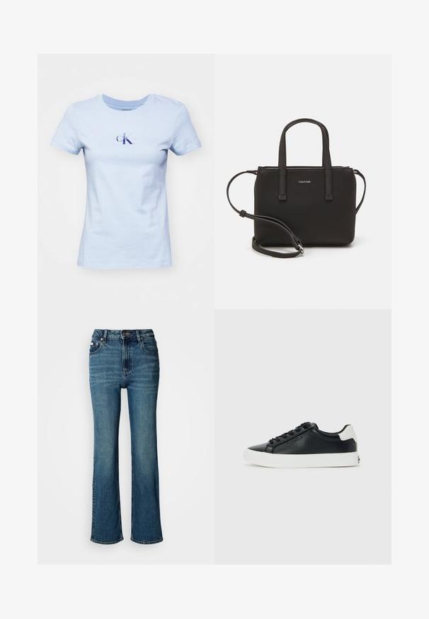 Vaaleansininen puuvillapaita lyhyillä hihoilla; siinä on keskellä tummansinisellä ja vaaleanliilalla oleva logo. Klassinen pyöreä kaula-aukko.; Korkeavyötäröiset siniset farkut, jotka on valmistettu denimistä, ja joissa on suora lahje, hienovarainen haalistuminen sekä tavallinen nappi- ja vetoketjusuljenta.; Musta matala sneaker valkoisella pohjalla ja kantapäällä, mustat nauhat ja huomaamaton Calvin Klein -logo sivussa, esillä yksinkertaisella taustalla.; Musta käsilaukku, jossa on kaksinkertaiset lyhyet kahvat ja irrotettava olkahihna. Silkkinen nahkatunneinen materiaali, jossa on vetoketjukiinnitys ja logoyksityiskohta.